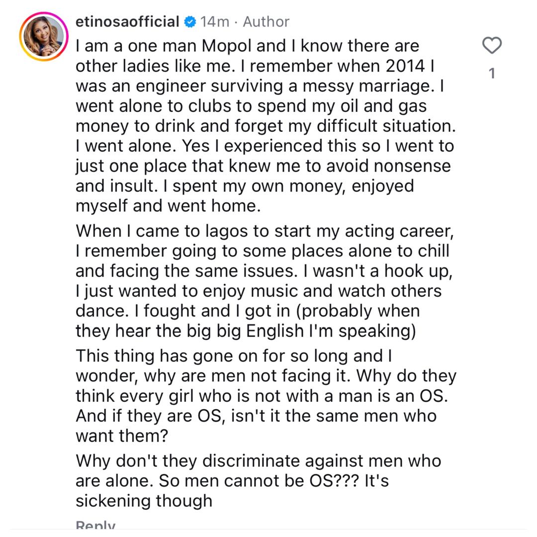 It?s sickening - Actress Etinosa decries rate at which women unaccompanied by men are refused access into clubs/bars/hotels